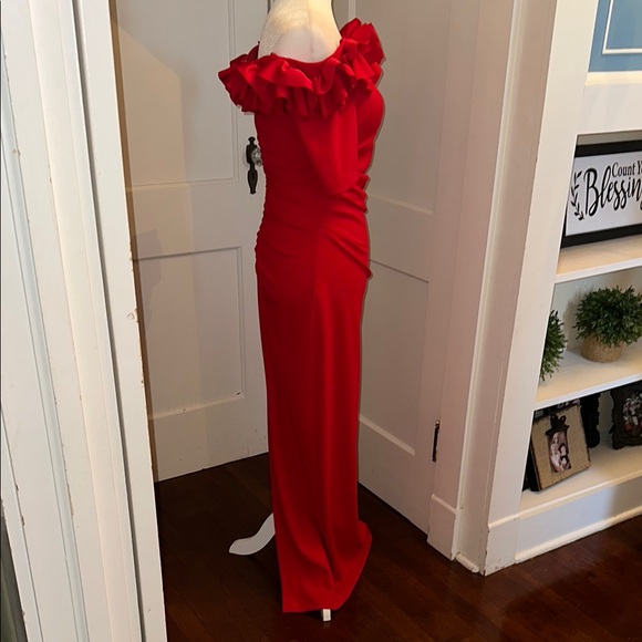 Xscape Red Ruffle Off-Shoulder Gown - - Picture 4 of 8